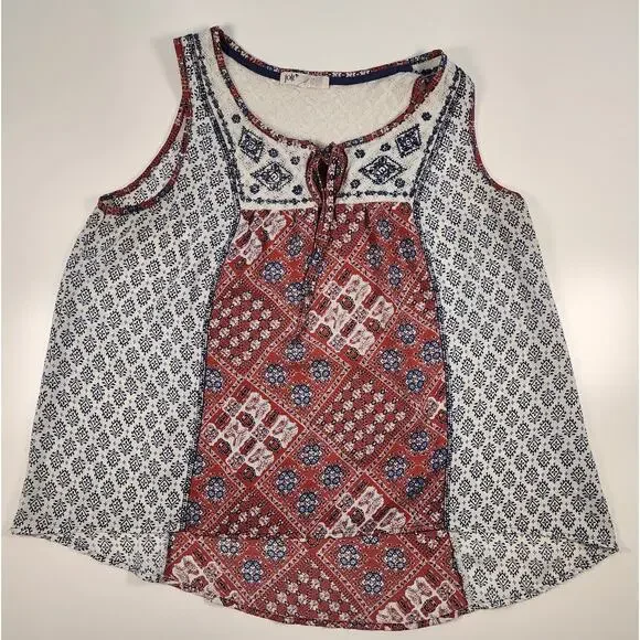 Jolt Boho Patchwork Tank Top Sleeveless Tie Neck Red Blue L - Picture 2 of 6